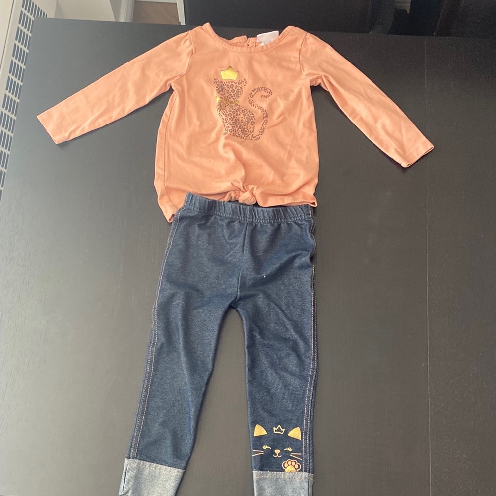 Peach long sleeved top and stretchy denim leggings set